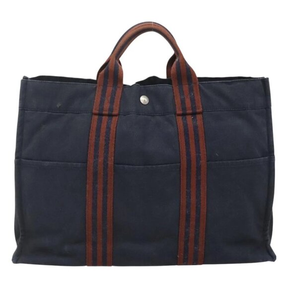 HERMES Fourre Tout GM Hand Bag Canvas Navy Silver Auth bs25688 - Picture 3 of 15